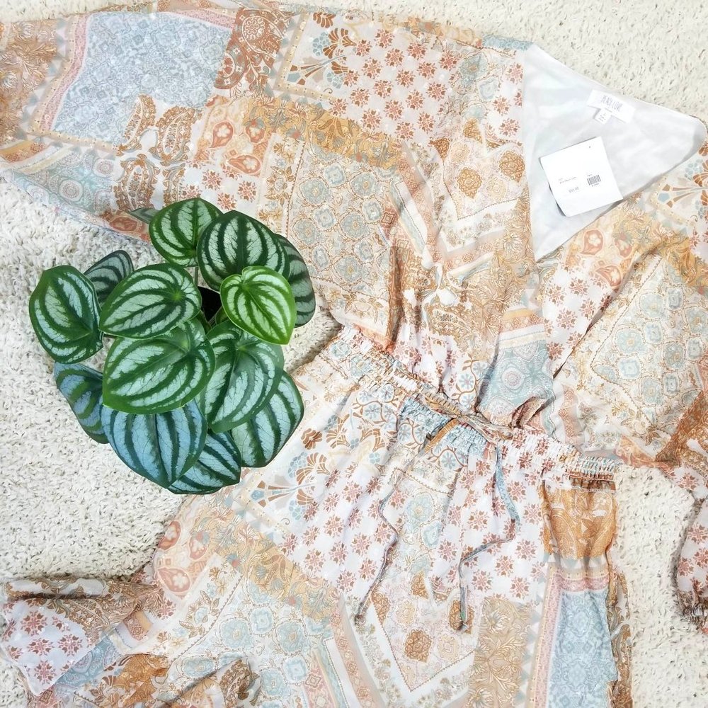 Dress. Aqua Tan Cream Gold. Paisley Floral Print. Peach Love Brand. Size L. NWT. - Picture 2 of 13